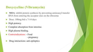 Doxycycline (Vibramycin)
 MOA: inhibit protein synthesis by preventing aminoacyl transfer
RNA from entering the acceptor sites on the ribosome
 Dose: 100mg bid x 7-14 days
 High potency.
 Complete absorption from intestine.
 High plasma binding.
 Contraindications: - Food
- pregnancy
 Drug interactions: anti-epileptics
 