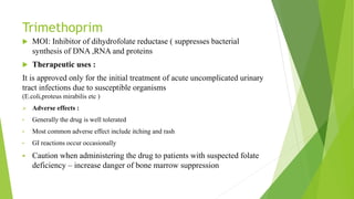 Trimethoprim
 MOI: Inhibitor of dihydrofolate reductase ( suppresses bacterial
synthesis of DNA ,RNA and proteins
 Therapeutic uses :
It is approved only for the initial treatment of acute uncomplicated urinary
tract infections due to susceptible organisms
(E.coli,proteus mirabilis etc )
 Adverse effects :
• Generally the drug is well tolerated
• Most common adverse effect include itching and rash
• GI reactions occur occasionally
 Caution when administering the drug to patients with suspected folate
deficiency – increase danger of bone marrow suppression
 