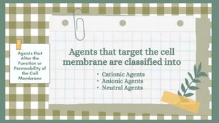 Agents that target the cell
membrane are classified into
• Cationic Agents
• Anionic Agents
• Neutral Agents
 