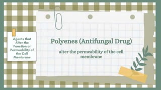 Polyenes (Antifungal Drug)
alter the permeability of the cell
membrane
 