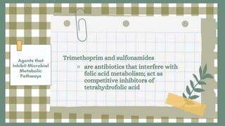 Trimethoprim and sulfonamides
⚬ are antibiotics that interfere with
folic acid metabolism; act as
competitive inhibitors of
tetrahydrofolic acid
 