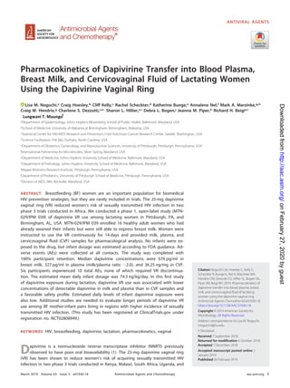 Pharmacokinetics of Dapivirine Transfer into Blood Plasma,
Breast Milk, and Cervicovaginal Fluid of Lactating Women
Using the Dapivirine Vaginal Ring
Lisa M. Noguchi,a Craig Hoesley,b Cliff Kelly,c Rachel Scheckter,d Katherine Bunge,e Annalene Nel,f Mark A. Marzinke,g,h
Craig W. Hendrix,g Charlene S. Dezzutti,i,e† Sharon L. Hillier,e,i Debra L. Bogen,j Jeanna M. Piper,k Richard H. Beigie,i
aDepartment of Epidemiology, Johns Hopkins Bloomberg School of Public Health, Baltimore, Maryland, USA
bSchool of Medicine, University of Alabama at Birmingham, Birmingham, Alabama, USA
cStatistical Center for HIV/AIDS Research and Prevention, Fred Hutchison Cancer Research Center, Seattle, Washington, USA
dScience Facilitation, FHI 360, Durham, North Carolina, USA
eDepartment of Obstetrics, Gynecology, and Reproductive Sciences, University of Pittsburgh, Pittsburgh, Pennsylvania, USA
fInternational Partnership for Microbicides, Silver Spring, Maryland, USA
gDepartment of Medicine, Johns Hopkins University School of Medicine, Baltimore, Maryland, USA
hDepartment of Pathology, Johns Hopkins University School of Medicine, Baltimore, Maryland, USA
iMagee-Womens Research Institute, Pittsburgh, Pennsylvania, USA
jDepartment of Pediatrics, University of Pittsburgh School of Medicine, Pittsburgh, Pennsylvania, USA
kDivision of AIDS, NIH, Rockville, Maryland, USA
ABSTRACT Breastfeeding (BF) women are an important population for biomedical
HIV prevention strategies, but they are rarely included in trials. The 25-mg dapivirine
vaginal ring (VR) reduced women’s risk of sexually transmitted HIV infection in two
phase 3 trials conducted in Africa. We conducted a phase 1, open-label study (MTN-
029/IPM 039) of dapivirine VR use among lactating women in Pittsburgh, PA, and
Birmingham, AL, USA. MTN-029/IPM 039 enrolled 16 healthy adult women who had
already weaned their infants but were still able to express breast milk. Women were
instructed to use the VR continuously for 14 days and provided milk, plasma, and
cervicovaginal ﬂuid (CVF) samples for pharmacological analysis. No infants were ex-
posed to the drug, but infant dosage was estimated according to FDA guidance. Ad-
verse events (AEs) were collected at all contacts. The study was completed with
100% participant retention. Median dapivirine concentrations were 676 pg/ml in
breast milk, 327 pg/ml in plasma (milk/plasma ratio ϳ2.0), and 36.25 ng/mg in CVF.
Six participants experienced 10 total AEs, none of which required VR discontinua-
tion. The estimated mean daily infant dosage was 74.3 ng/kg/day. In this ﬁrst study
of dapivirine exposure during lactation, dapivirine VR use was associated with lower
concentrations of detectable dapivirine in milk and plasma than in CVF samples and
a favorable safety proﬁle. Estimated daily levels of infant dapivirine exposure were
also low. Additional studies are needed to evaluate longer periods of dapivirine VR
use among BF mother-infant pairs living in regions with higher incidence of sexually
transmitted HIV infection. (This study has been registered at ClinicalTrials.gov under
registration no. NCT02808949.)
KEYWORDS HIV, breastfeeding, dapivirine, lactation, pharmacokinetics, vaginal
Dapivirine is a nonnucleoside reverse transcriptase inhibitor (NNRTI) previously
observed to have poor oral bioavailability (1). The 25-mg dapivirine vaginal ring
(VR) has been shown to reduce women’s risk of acquiring sexually transmitted HIV
infection in two phase 3 trials conducted in Kenya, Malawi, South Africa, Uganda, and
Citation Noguchi LM, Hoesley C, Kelly C,
Scheckter R, Bunge K, Nel A, Marzinke MA,
Hendrix CW, Dezzutti CS, Hillier SL, Bogen DL,
Piper JM, Beigi RH. 2019. Pharmacokinetics of
dapivirine transfer into blood plasma, breast
milk, and cervicovaginal ﬂuid of lactating
women using the dapivirine vaginal ring.
Antimicrob Agents Chemother 63:e01930-18.
https://doi.org/10.1128/AAC.01930-18.
Copyright © 2019 American Society for
Microbiology. All Rights Reserved.
Address correspondence to Lisa M. Noguchi,
lnoguch1@jhu.edu.
† Deceased.
Received 7 September 2018
Returned for modiﬁcation 6 October 2018
Accepted 7 December 2018
Accepted manuscript posted online 2
January 2019
Published
ANTIVIRAL AGENTS
crossm
March 2019 Volume 63 Issue 3 e01930-18 aac.asm.org 1Antimicrobial Agents and Chemotherapy
26 February 2019
onFebruary27,2020byguesthttp://aac.asm.org/Downloadedfrom
Lungwani MuungoT. f
 