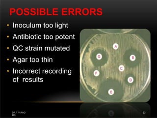 POSSIBLE ERRORS
• Inoculum too light
• Antibiotic too potent
• QC strain mutated
• Agar too thin
• Incorrect recording
of results
DR.T.V.RAO
MD
23
 