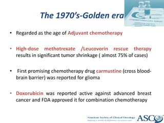 The 1970’s-Golden era
• Regarded as the age of Adjuvant chemotherapy
• High-dose methotrexate /Leucovorin rescue therapy
results in significant tumor shrinkage ( almost 75% of cases)
• First promising chemotherapy drug carmustine (cross blood-
brain barrier) was reported for glioma
• Doxorubicin was reported active against advanced breast
cancer and FDA approved it for combination chemotherapy
 