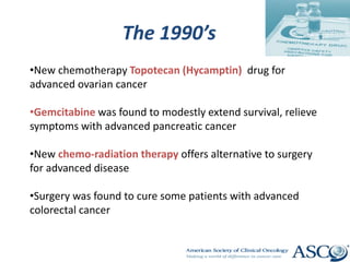 The 1990’s
•New chemotherapy Topotecan (Hycamptin) drug for
advanced ovarian cancer
•Gemcitabine was found to modestly extend survival, relieve
symptoms with advanced pancreatic cancer
•New chemo-radiation therapy offers alternative to surgery
for advanced disease
•Surgery was found to cure some patients with advanced
colorectal cancer
 