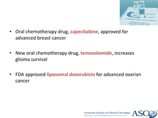 • Oral chemotherapy drug, capecitabine, approved for
advanced breast cancer
• New oral chemotherapy drug, temozolomide, increases
glioma survival
• FDA approved liposomal doxorubicin for advanced ovarian
cancer
 