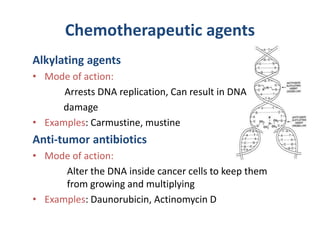 Chemotherapeutic agents
Alkylating agents
• Mode of action:
Arrests DNA replication, Can result in DNA
damage
• Examples: Carmustine, mustine
Anti-tumor antibiotics
• Mode of action:
Alter the DNA inside cancer cells to keep them
from growing and multiplying
• Examples: Daunorubicin, Actinomycin D
 