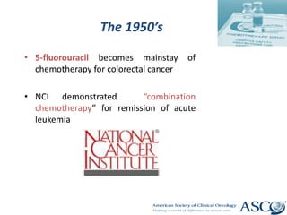 The 1950’s
• 5-fluorouracil becomes mainstay of
chemotherapy for colorectal cancer
• NCI demonstrated “combination
chemotherapy” for remission of acute
leukemia
 