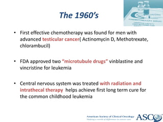 The 1960’s
• First effective chemotherapy was found for men with
advanced testicular cancer( Actinomycin D, Methotrexate,
chlorambucil)
• FDA approved two “microtubule drugs” vinblastine and
vincristine for leukemia
• Central nervous system was treated with radiation and
intrathecal therapy helps achieve first long term cure for
the common childhood leukemia
 