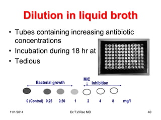 Dilution in liquid broth 
•Tubes containing increasing antibiotic concentrations 
•Incubation during 18 hr at 37°C 
•Tedio...