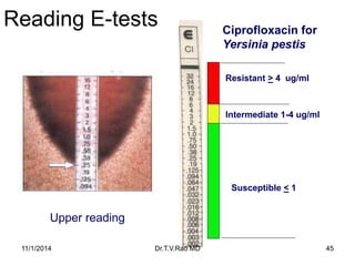 Reading E-tests 
Susceptible <1 
Resistant >4 ug/ml 
Ciprofloxacin for Yersinia pestis 
Intermediate 1-4 ug/ml 
Upper read...