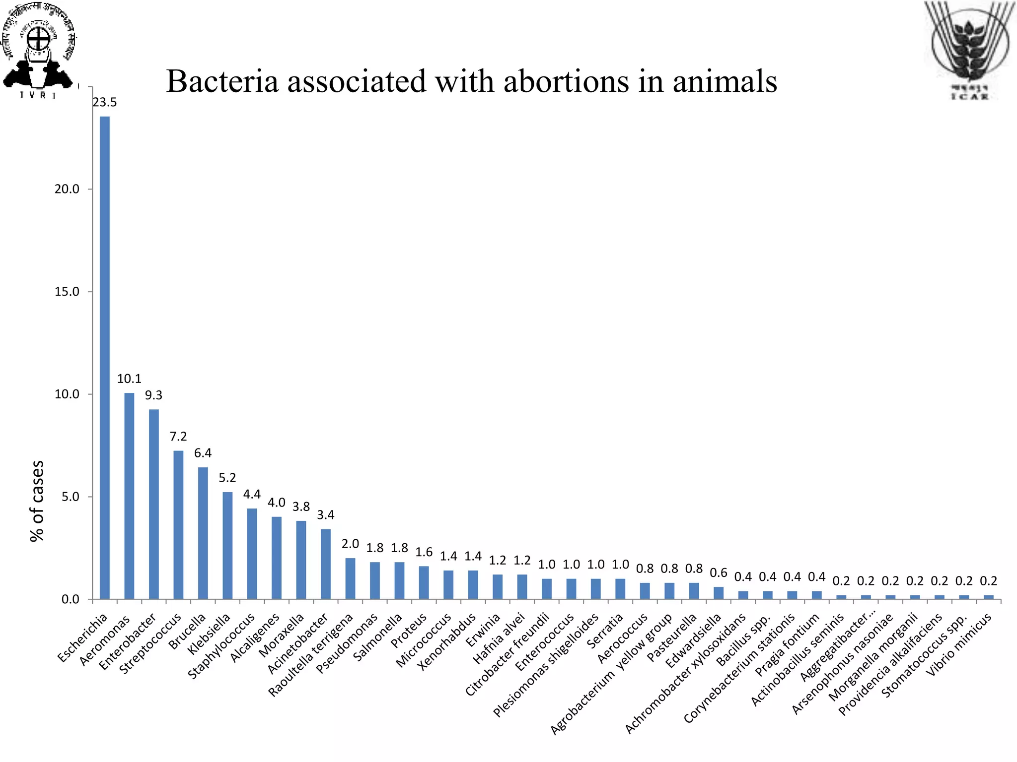 23.5
10.1
9.3
7.2
6.4
5.2
4.4
4.0 3.8
3.4
2.0 1.8 1.8 1.6 1.4 1.4 1.2 1.2 1.0 1.0 1.0 1.0 0.8 0.8 0.8 0.6 0.4 0.4 0.4 0.4 0.2 0.2 0.2 0.2 0.2 0.2 0.2
0.0
5.0
10.0
15.0
20.0
25.0
%ofcases
Bacteria associated with abortions in animals
 