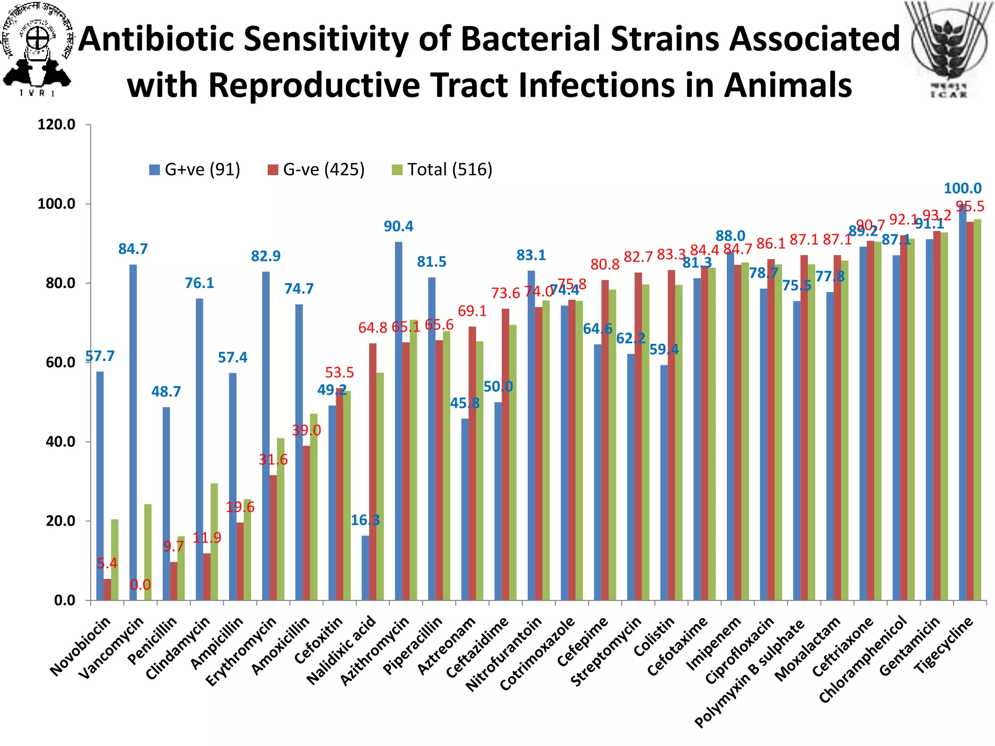 Antibiotic Sensitivity of Bacterial Strains Associated
with Reproductive Tract Infections in Animals
57.7
84.7
48.7
76.1
57.4
82.9
74.7
49.2
16.3
90.4
81.5
45.8
50.0
83.1
74.4
64.6
62.2
59.4
81.3
88.0
78.7
75.5
77.8
89.2
87.1
91.1
100.0
5.4
0.0
9.7
11.9
19.6
31.6
39.0
53.5
64.8 65.1 65.6
69.1
73.6 74.0 75.8
80.8 82.7 83.3 84.4 84.7 86.1 87.1 87.1
90.7 92.1 93.2
95.5
0.0
20.0
40.0
60.0
80.0
100.0
120.0
G+ve (91) G-ve (425) Total (516)
 