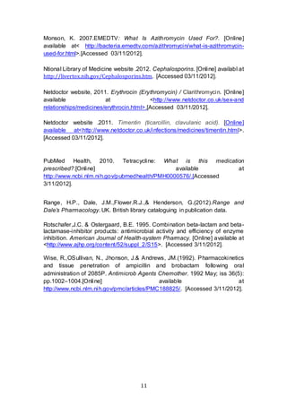 11
Monson, K. 2007.EMEDTV: What Is Azithromycin Used For?. [Online]
available at< http://bacteria.emedtv.com/azithromycin/what-is-azithromycin-
used-for.html>.[Accessed 03/11/2012].
Ntional Library of Medicine website .2012. Cephalosporins. [Online] availabl at
http://livertox.nih.gov/Cephalosporins.htm. [Accessed 03/11/2012].
Netdoctor website, 2011. Erythrocin (Erythromycin) / Clarithromycin. [Online]
available at <http://www.netdoctor.co.uk/sex-and
relationships/medicines/erythrocin.html>.[Accessed 03/11/2012].
Netdoctor website .2011. Timentin (ticarcillin, clavulanic acid). [Online]
available at<http://www.netdoctor.co.uk/infections/medicines/timentin.html>.
[Accessed 03/11/2012].
PubMed Health, 2010. Tetracycline: What is this medication
prescribed?.[Online] available at
http://www.ncbi.nlm.nih.gov/pubmedhealth/PMH0000576/.[Accessed
3/11/2012].
Range, H.P., Dale, J.M.,Flower.R.J.,& Henderson, G.(2012).Range and
Dale’s Pharmacology. UK. British library cataloguing in publication data.
Rotschafer,J.C. & Ostergaard, B.E. 1995. Combination beta-lactam and beta-
lactamase-inhibitor products: antimicrobial activity and efficiency of enzyme
inhibition. American Journal of Health-system Pharmacy. [Online] available at
<http://www.ajhp.org/content/52/suppl_2/S15>. [Accessed 3/11/2012].
Wise, R.,OSullivan, N., Jhonson, J.& Andrews, JM.(1992). Pharmacokinetics
and tissue penetration of ampicillin and brobactam following oral
administration of 2085P. Antimicrob Agents Chemother. 1992 May; iss 36(5):
pp.1002–1004.[Online] available at
http://www.ncbi.nlm.nih.gov/pmc/articles/PMC188825/. [Accessed 3/11/2012].
 