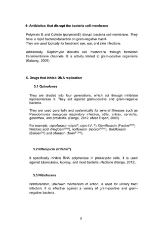 8
4- Antibiotics that disrupt the bacteria cell membrane
Polymixin B and Colistin (polymixinE) disrupt bacteria cell membrane. They
have a rapid bactericidal action on gram-negative bacilli.
They are used topically for treatment eye, ear, and skin infections.
Additionally, Daptomycin disturbs cell membrane through formation
transmembrane channels. It is activity limited to gram-positive organisms
(Katzung, 2009)
5. Drugs that inhibit DNA replication
5.1 Quinolones
They are divided into four generations, which act through inhibition
topoisomerase II. They act against gram-positive and gram-negative
bacteria.
They are used parentally and systemically for several illnesses such as
Pseudomonas aerugiosa respiratory infection, otitis, antrax, cervicitis,
gonorrhea, and prostatitis. (Range, 2012; eMed Expert, 2009).
For example, ciprofloxacin (cipro®, cipro I.V. ®), Gemifloxacin (Factive®4th)
Nalidixic acid (NegGam®1st), norfloxacin (norxion®2nd), Balofloxacin
(Baloxin3rd) and ofloxacin (floxin® 2nd).
5.2 Rifampicin (Rifadin®)
It specifically inhibits RNA polymerase in prokaryotic cells. It is used
against tuberculosis, leprosy, and most bacteria infections (Range, 2012).
5.3 Nitrofurans
Nitrofurantoin, Unknown mechanism of action, is used for urinary tract
infection. It is effective against a variety of gram-positive and gram-
negative bacteria.
 