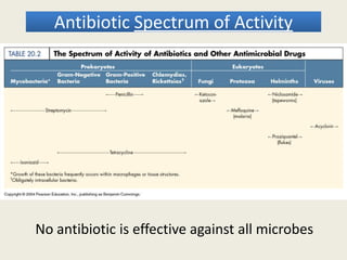 Antibiotic Spectrum of ActivityAntibiotic Spectrum of Activity
No antibiotic is effective against all microbes
 