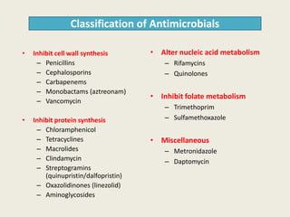 Classification of Antimicrobials
• Inhibit cell wall synthesis
– Penicillins
– Cephalosporins
– Carbapenems
– Monobactams (aztreonam)
– Vancomycin
• Alter nucleic acid metabolism
– Rifamycins
– Quinolones
• Inhibit folate metabolism
– Trimethoprim
• Inhibit protein synthesis
– Chloramphenicol
– Tetracyclines
– Macrolides
– Clindamycin
– Streptogramins
(quinupristin/dalfopristin)
– Oxazolidinones (linezolid)
– Aminoglycosides
– Trimethoprim
– Sulfamethoxazole
• Miscellaneous
– Metronidazole
– Daptomycin
 