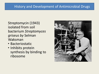 History and Development of Antimicrobial Drugs
Streptomycin (1943)
isolated from soil
bacterium Streptomyces
griseus by Selmangriseus by Selman
Waksman
• Bacteriostatic
• Inhibits protein
synthesis by binding to
ribosome
 