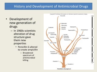 History and Development of Antimicrobial Drugs
• Development of
new generation of
drugs
– In 1960s scientists
alteration of drug
structure gavestructure gave
them new
properties
• Penicillin G altered
to create ampicillin
– Broadened
spectrum of
antimicrobial
killing
 