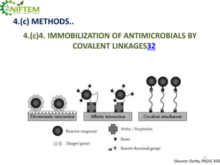 4.(c) METHODS..
4.(c)4. IMMOBILIZATION OF ANTIMICROBIALS BY
COVALENT LINKAGES32

12

(Source: Darby, PKGSC 430

 