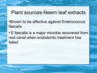 Plant sources-Neem leaf extracts
●
Shown to be effective against Enterococcus
faecalis
●
E faecalis is a major microbe recovered from
root canal when endodontic treatment has
failed
 
