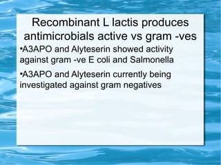 Recombinant L lactis produces
antimicrobials active vs gram -ves
●
A3APO and Alyteserin showed activity
against gram -ve E coli and Salmonella
●
A3APO and Alyteserin currently being
investigated against gram negatives
 