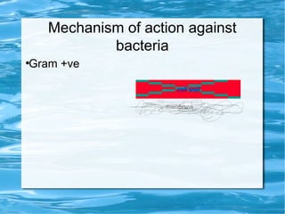 Mechanism of action against
bacteria
●
Gram +ve
cell wallcell wall
membranemembrane
 