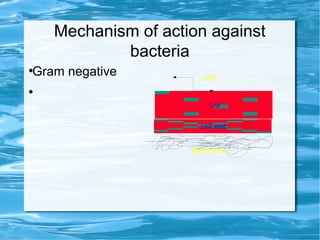 Mechanism of action against
bacteria
●
Gram negative
●
OMOM
cell wallcell wall
Membrane
LPS
 