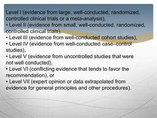 Level I (evidence from large, well-conducted, randomized,
controlled clinical trials or a meta-analysis),
• Level II (evidence from small, well-conducted, randomized,
controlled clinical trials),
• Level III (evidence from well-conducted cohort studies),
• Level IV (evidence from well-conducted case–control
studies),
• Level V (evidence from uncontrolled studies that were
not well conducted),
• Level VI (conflicting evidence that tends to favor the
recommendation), or
• Level VII (expert opinion or data extrapolated from
evidence for general principles and other procedures).
 