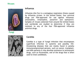 Viruses
Fungi
Influenza
Influenza (the flu) is a contagious respiratory illness caused
by influenza viruses. In the United States, four antiviral
drugs are FDA-approved for use against influenza:
amantadine, rimantadine, zanamivir and oseltamivir.
Samples of viruses collected from around the United States
and worldwide are studied to determine if they are
resistant to any of the four FDA-approved influenza
antiviral drugs.
Candida
Candida is a type of fungal infection that encompasses
superficial infection to systemic and possibly life-
threatening diseases that are mostly found in greatly
immunocompromised persons, such as cancer, transplant,
and AIDs patients.It may develop resistance to antimycotic
drugs, such as fluconazole, one of the drugs that is often
used to treat candidiasis.
 
