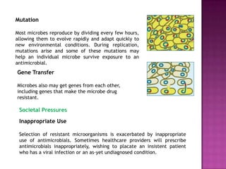 Mutation
Most microbes reproduce by dividing every few hours,
allowing them to evolve rapidly and adapt quickly to
new environmental conditions. During replication,
mutations arise and some of these mutations may
help an individual microbe survive exposure to an
antimicrobial.
Gene Transfer
Microbes also may get genes from each other,
including genes that make the microbe drug
resistant.
Inappropriate Use
Selection of resistant microorganisms is exacerbated by inappropriate
use of antimicrobials. Sometimes healthcare providers will prescribe
antimicrobials inappropriately, wishing to placate an insistent patient
who has a viral infection or an as-yet undiagnosed condition.
Societal Pressures
 