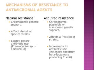 Natural resistance
 Chromosomic genetic
support.
 Affect almost all
species strains.
 Existed before
antibiotic use
(Enterobacter sp. -
amoxicillin)
Acquired resistance
 Chromosomic,
plasmidic or
transposon genetic
support.
 Affects a fraction of
strains.
 Increased with
antibiotic use
(extended spectrum
beta-lactamase
producing E. coli)
 