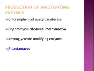  Chloramphenicol acetyltransferase
 Erythromycin ribosomal methylase:SA
 Aminoglycoside-modifying enzymes.
 -Lactamases
 