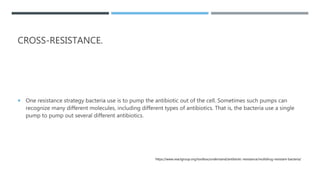 CROSS-RESISTANCE.
 One resistance strategy bacteria use is to pump the antibiotic out of the cell. Sometimes such pumps can
recognize many different molecules, including different types of antibiotics. That is, the bacteria use a single
pump to pump out several different antibiotics.
https://www.reactgroup.org/toolbox/understand/antibiotic-resistance/multidrug-resistant-bacteria/
 