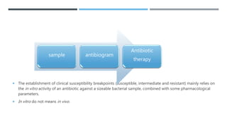  The establishment of clinical susceptibility breakpoints (susceptible, intermediate and resistant) mainly relies on
the in vitro activity of an antibiotic against a sizeable bacterial sample, combined with some pharmacological
parameters.
 In vitro do not means in vivo.
sample antibiogram
Antibiotic
therapy
 