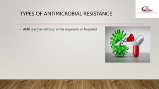 TYPES OF ANTIMICROBIAL RESISTANCE
• AMR is either intrinsic in the organism or Acquired
 
