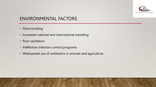 ENVIRONMENTAL FACTORS
• Overcrowding
• Increased national and international travelling
• Poor sanitation
• Ineffective infection control programs
• Widespread use of antibiotics in animals and agriculture
 