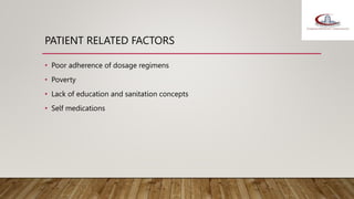 PATIENT RELATED FACTORS
• Poor adherence of dosage regimens
• Poverty
• Lack of education and sanitation concepts
• Self medications
 