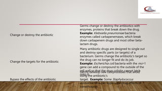 Change or destroy the antibiotic
Germs change or destroy the antibiotics with
enzymes, proteins that break down the drug.
Example: Klebsiella pneumoniae bacteria
enzymes called carbapenemases, which break
down carbapenem drugs and most other beta-
lactam drugs.
Change the targets for the antibiotic
Many antibiotic drugs are designed to single out
and destroy specific parts (or targets) of a
bacterium. Germs change the antibiotic’s target so
the drug can no longer fit and do its job.
Example: Escherichia coli bacteria with the mcr-1
gene can add a compound to the outside of the
cell wall so that the drug colistin cannot latch
onto it.
Bypass the effects of the antibiotic
Germs develop new cell processes that avoid
using the antibiotic’s
target. Example: Some Staphylococcus
aureus bacteria can bypass the drug effects of
trimethoprim.
 