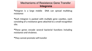 Mechanisms of Resistance Gene Transfer
Integrons
Integron is a large mobile DNA can spread multidrug
resistance
Each Integron is packed with multiple gene casettes, each
consisting of a resistance gene attached to a small recognition
site.
These genes encode several bacterial functions including
resistance and virulence.
They cannot promote self transfer
 