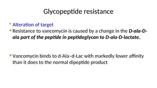 Glycopeptide resistance
 Alteration of target
Resistance to vancomycin is caused by a change in the D-ala-D-
ala part of the peptide in peptidoglycan to D-ala-D-lactate,
Vancomycin binds to d-Ala–d-Lac with markedly lower affinity
than it does to the normal dipeptide product
 