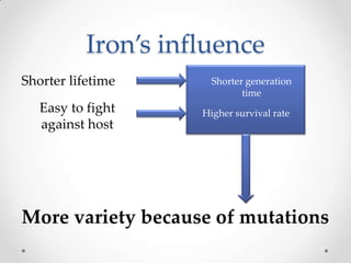 Iron’s influence
Shorter lifetime       Shorter generation
                              time
   Easy to fight     Higher survival rate
   against host




More variety because of mutations
 