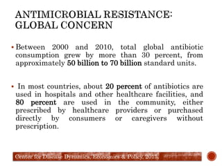  Between 2000 and 2010, total global antibiotic
consumption grew by more than 30 percent, from
approximately 50 billion to 70 billion standard units.
 In most countries, about 20 percent of antibiotics are
used in hospitals and other healthcare facilities, and
80 percent are used in the community, either
prescribed by healthcare providers or purchased
directly by consumers or caregivers without
prescription.
Center for Disease Dynamics, Economics & Policy, 2015.
 