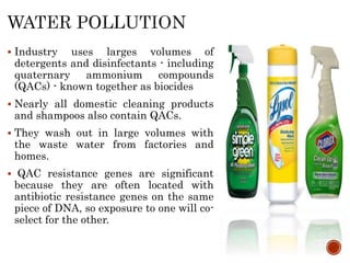  Industry uses larges volumes of
detergents and disinfectants - including
quaternary ammonium compounds
(QACs) - known together as biocides
 Nearly all domestic cleaning products
and shampoos also contain QACs.
 They wash out in large volumes with
the waste water from factories and
homes.
 QAC resistance genes are significant
because they are often located with
antibiotic resistance genes on the same
piece of DNA, so exposure to one will co-
select for the other.
 