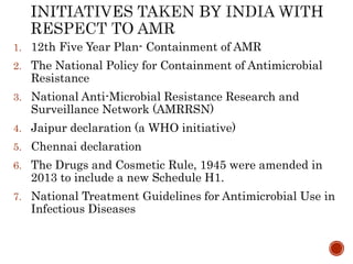 1. 12th Five Year Plan- Containment of AMR
2. The National Policy for Containment of Antimicrobial
Resistance
3. National Anti-Microbial Resistance Research and
Surveillance Network (AMRRSN)
4. Jaipur declaration (a WHO initiative)
5. Chennai declaration
6. The Drugs and Cosmetic Rule, 1945 were amended in
2013 to include a new Schedule H1.
7. National Treatment Guidelines for Antimicrobial Use in
Infectious Diseases
 