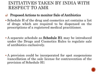 a) Proposed Actions to monitor Sale of Antibiotics
 Schedule H of the drug and cosmetics act contains a list
of drugs which are required to be dispensed on the
prescriptions of a registered medical practitioner.
 A separate schedule as Schedule H1 may be introduced
under the Drugs and Cosmetics Rules to regulate sale
of antibiotics exclusively.
 A provision could be incorporated for spot suspensions
/cancellation of the sale license for contravention of the
provision of Schedule H1
 