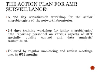  A one day sensitization workshop for the senior
microbiologists of the network laboratories.
 2-3 days training workshop for junior microbiologist/
data reporting personnel on various aspects of AST
specially quality control and data analysis/
transmission.
 Followed by regular monitoring and review meetings
once in 6/12 months
 