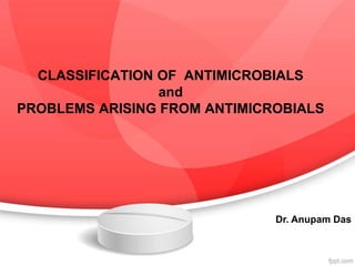 CLASSIFICATION OF ANTIMICROBIALS 
and 
PROBLEMS ARISING FROM ANTIMICROBIALS 
Dr. Anupam Das 
 