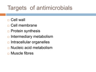 Targets of antimicrobials
 Cell wall
 Cell membrane
 Protein synthesis
 Intermediary metabolism
 Intracellular organelles
 Nucleic acid metabolism
 Muscle fibres
 