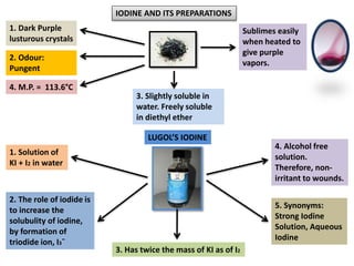 IODINE AND ITS PREPARATIONS
1. Dark Purple
lusturous crystals
2. Odour:
Pungent
3. Slightly soluble in
water. Freely soluble
in diethyl ether
4. M.P. = 113.6°C
Sublimes easily
when heated to
give purple
vapors.
LUGOL’S IODINE
1. Solution of
KI + I2 in water
2. The role of iodide is
to increase the
solubulity of iodine,
by formation of
triodide ion, I3¯
4. Alcohol free
solution.
Therefore, non-
irritant to wounds.
3. Has twice the mass of KI as of I2
5. Synonyms:
Strong Iodine
Solution, Aqueous
Iodine
 